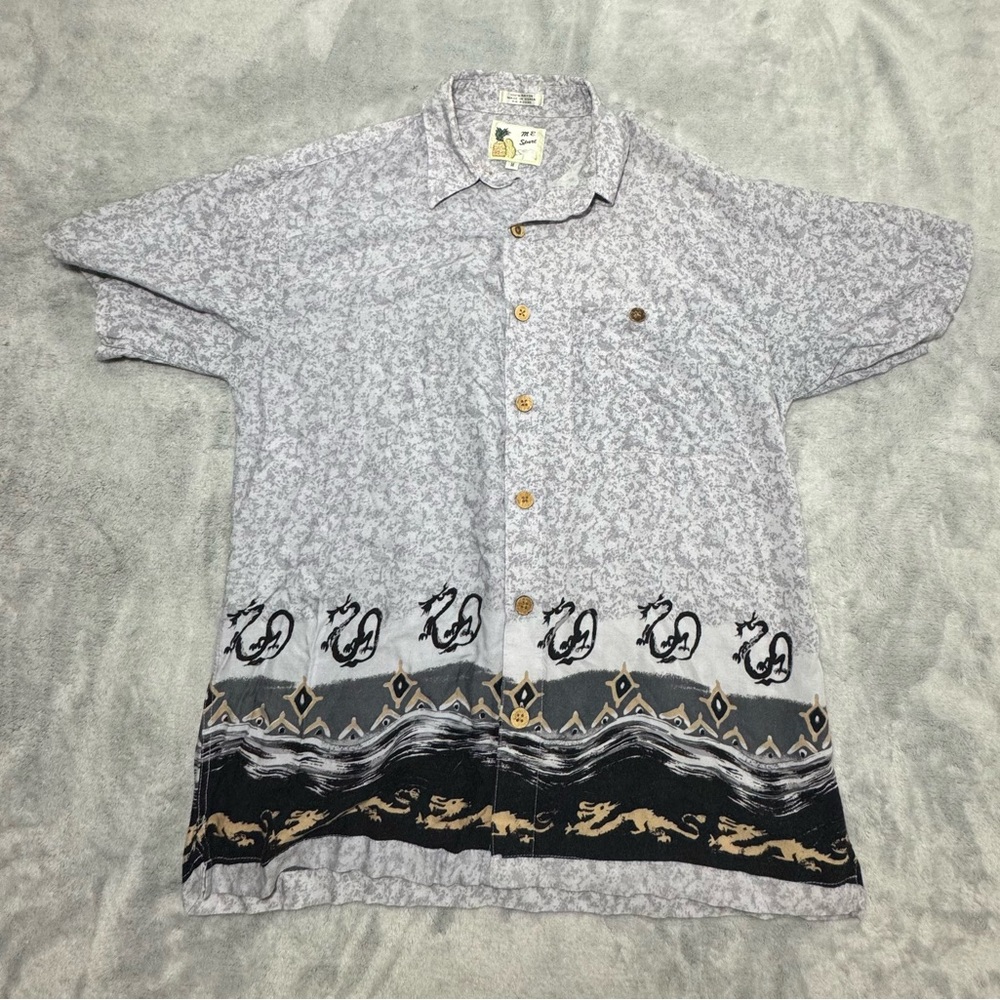 Vintage M.E Sport Hawaiian Dragon Shirt Aztec 100% Rayon Medium‎ Men’s Button Up
